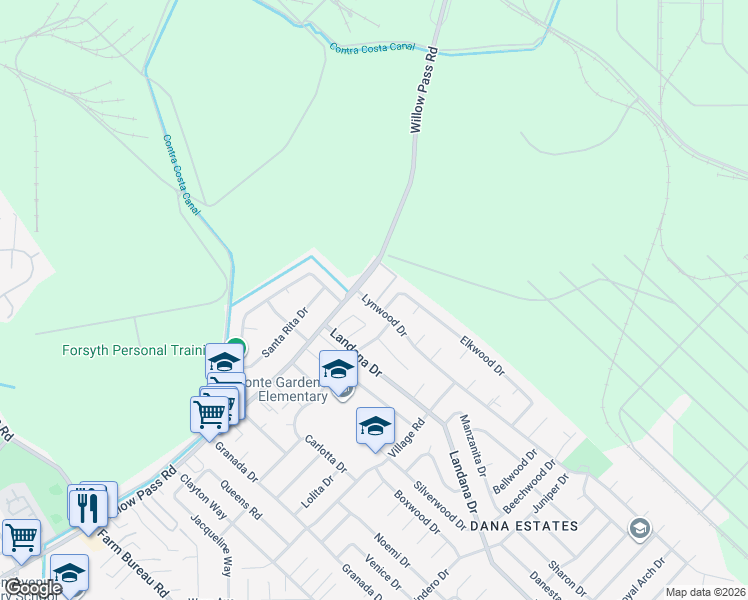map of restaurants, bars, coffee shops, grocery stores, and more near 1893 Lynwood Drive in Concord