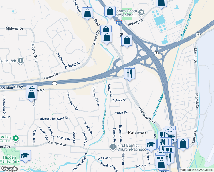 map of restaurants, bars, coffee shops, grocery stores, and more near 1127 Temple Drive in Pacheco
