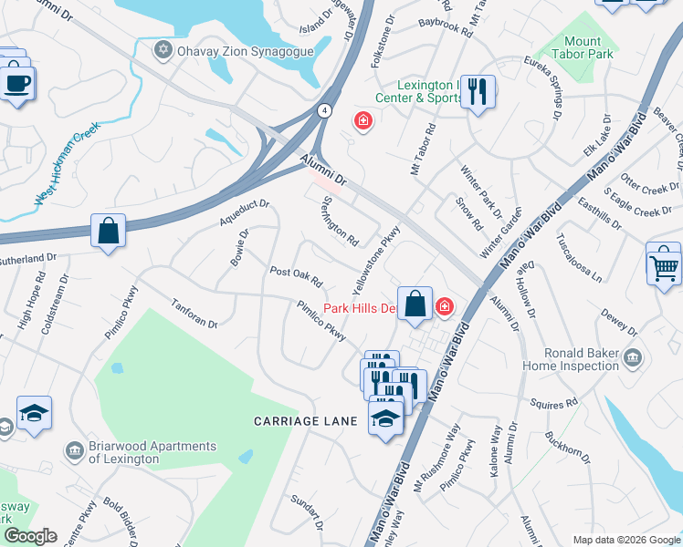 map of restaurants, bars, coffee shops, grocery stores, and more near 3201 Post Oak Court in Lexington