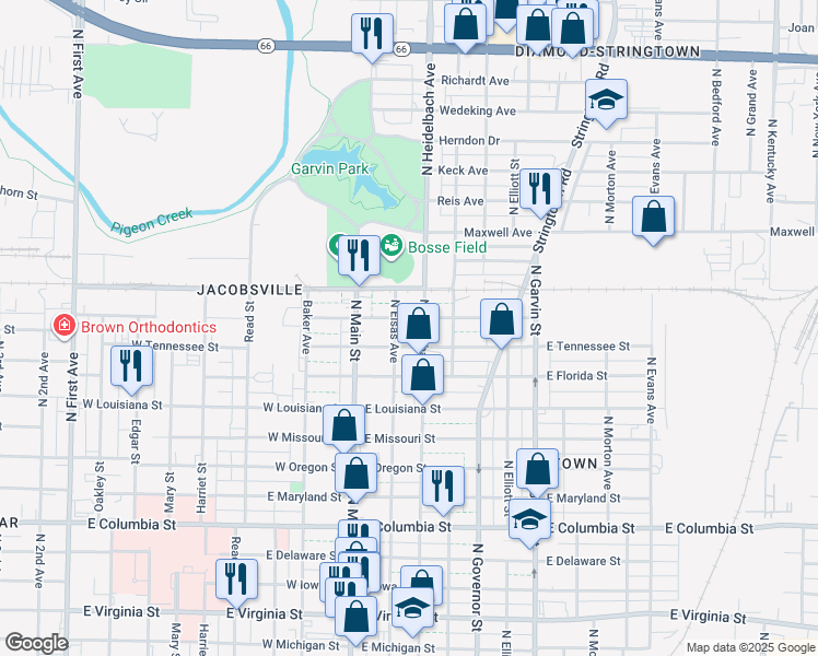 map of restaurants, bars, coffee shops, grocery stores, and more near 200 East Tennessee Street in Evansville