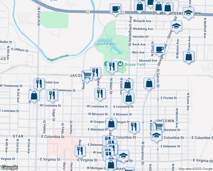 map of restaurants, bars, coffee shops, grocery stores, and more near 1404 North Main Street in Evansville