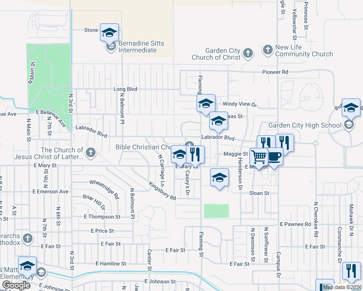 map of restaurants, bars, coffee shops, grocery stores, and more near 2615 North Rowland Road in Garden City