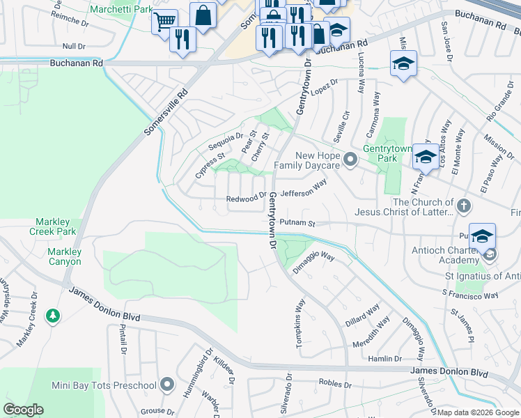 map of restaurants, bars, coffee shops, grocery stores, and more near 3224 Madrone Street in Antioch