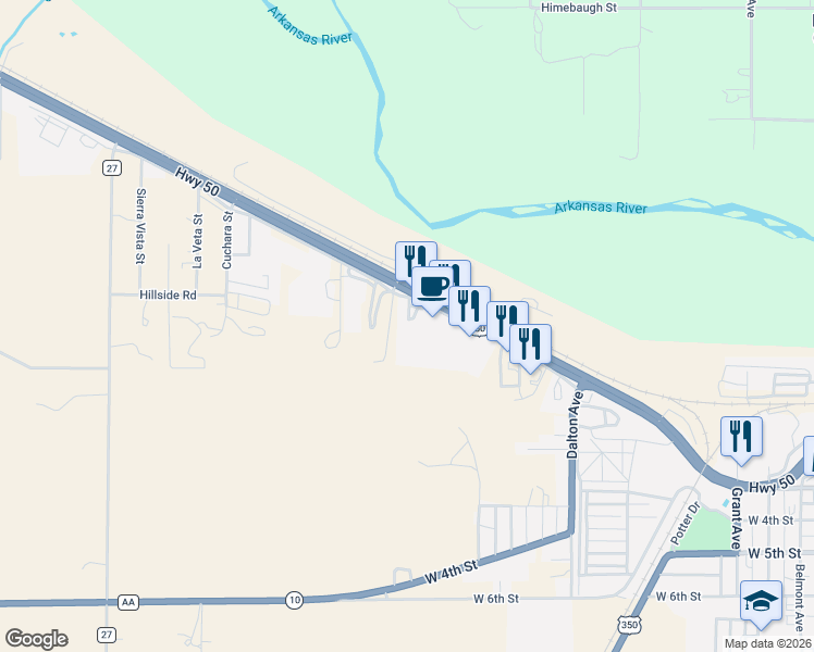 map of restaurants, bars, coffee shops, grocery stores, and more near 27680 Frontage Road in La Junta