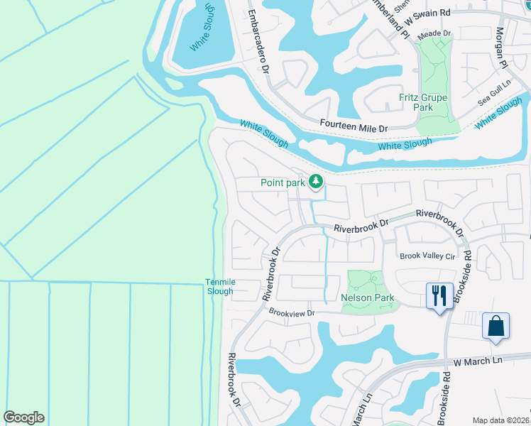 map of restaurants, bars, coffee shops, grocery stores, and more near 5909 Riverbank Circle in Stockton