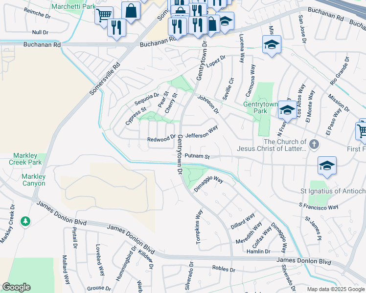 map of restaurants, bars, coffee shops, grocery stores, and more near 3029 Gentrytown Drive in Antioch