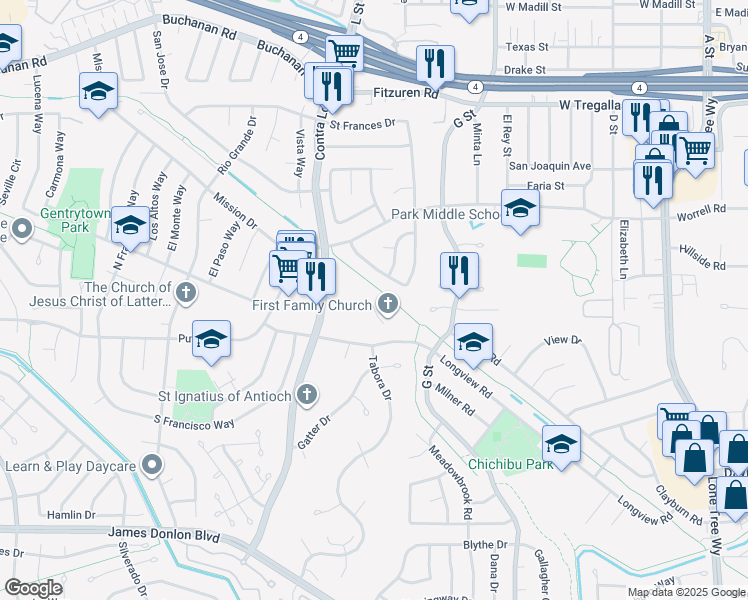 map of restaurants, bars, coffee shops, grocery stores, and more near 3185 Contra Loma Boulevard in Antioch
