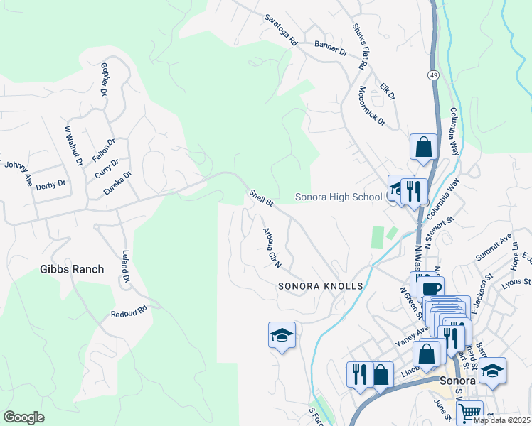map of restaurants, bars, coffee shops, grocery stores, and more near 488 Arbona Circle North in Sonora