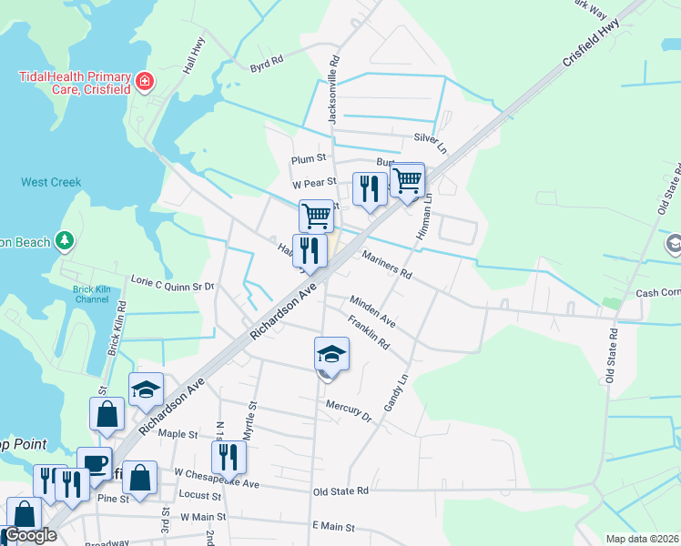 map of restaurants, bars, coffee shops, grocery stores, and more near 262 North Somerset Avenue in Crisfield