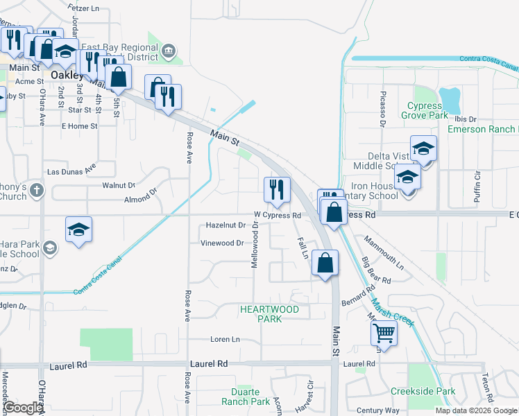 map of restaurants, bars, coffee shops, grocery stores, and more near 250 West Cypress Road in Oakley