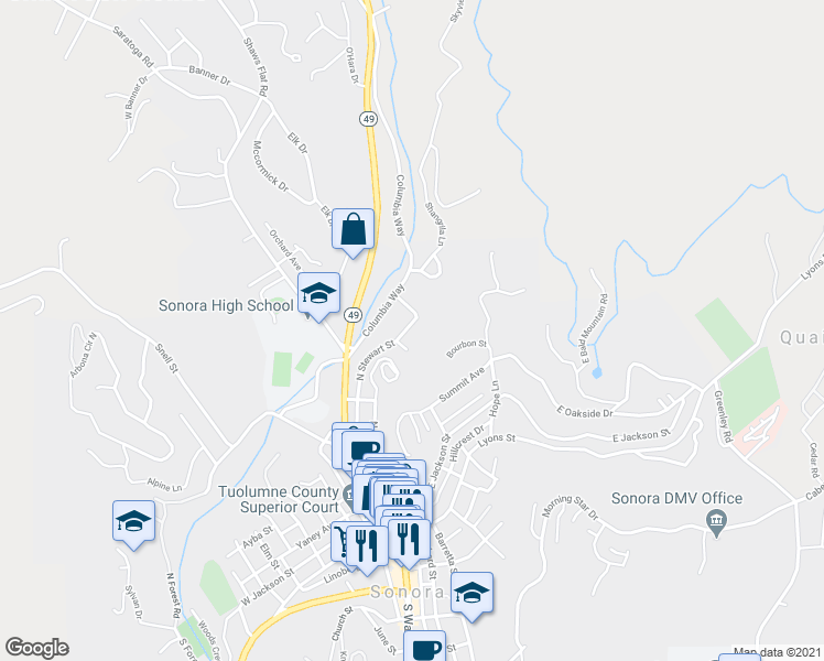 map of restaurants, bars, coffee shops, grocery stores, and more near 461 North Stewart Street in Sonora