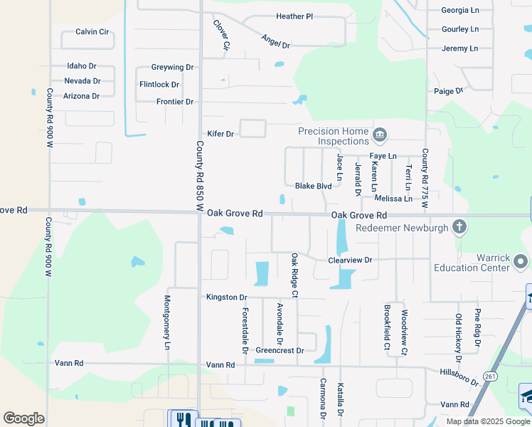 map of restaurants, bars, coffee shops, grocery stores, and more near County Road 300 South in Newburgh