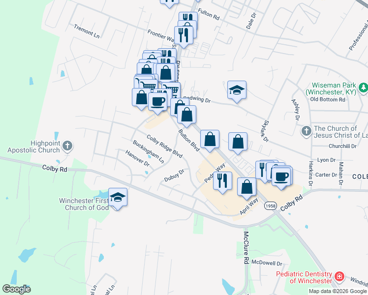 map of restaurants, bars, coffee shops, grocery stores, and more near 386 Colby Ridge Boulevard in Winchester