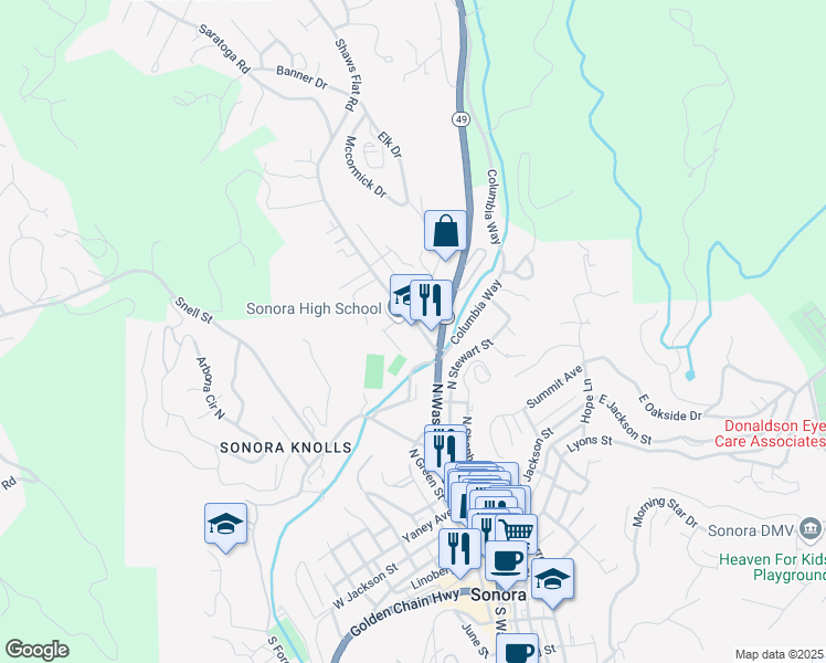 map of restaurants, bars, coffee shops, grocery stores, and more near 430 North Washington Street in Sonora