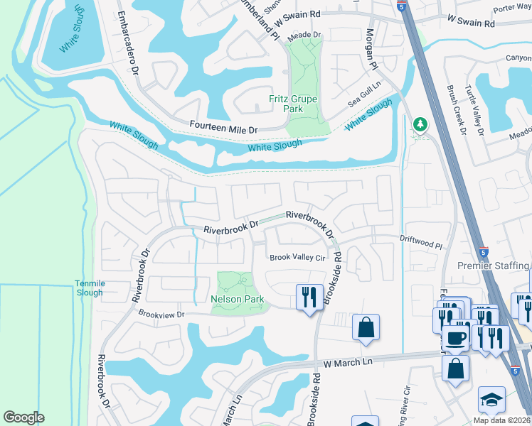 map of restaurants, bars, coffee shops, grocery stores, and more near 6541 Brook Hollow Circle in Stockton