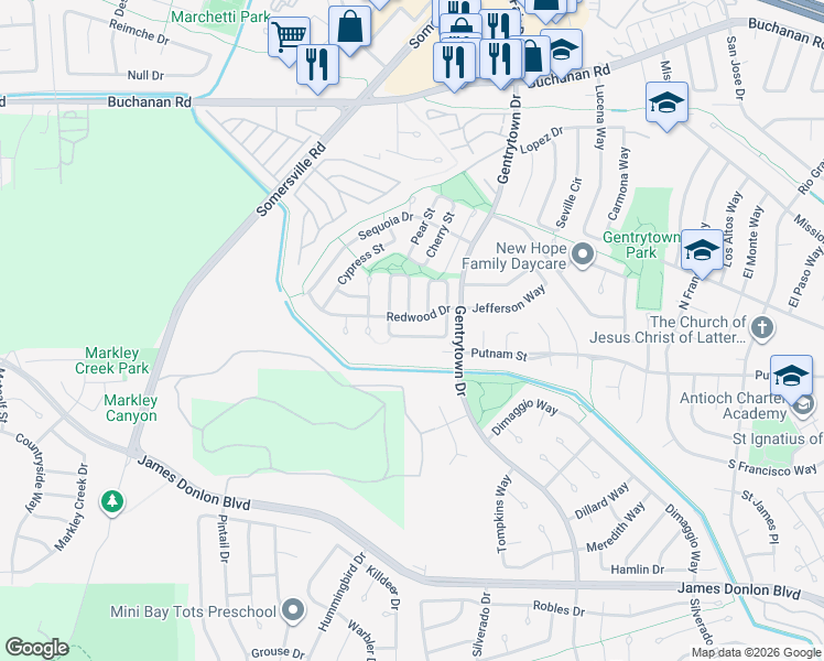 map of restaurants, bars, coffee shops, grocery stores, and more near 3264 Madrone Street in Antioch