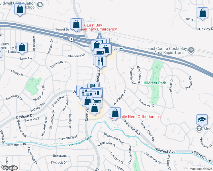map of restaurants, bars, coffee shops, grocery stores, and more near 2500 Wildflower Station Place in Antioch