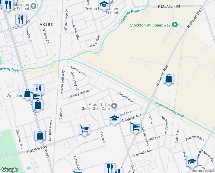 map of restaurants, bars, coffee shops, grocery stores, and more near 3716 Oak Forest Avenue in Stockton