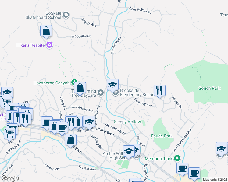 map of restaurants, bars, coffee shops, grocery stores, and more near 116 Butterfield Road in San Anselmo