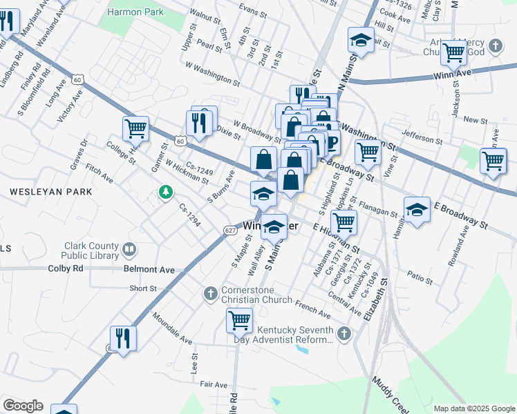 map of restaurants, bars, coffee shops, grocery stores, and more near in Winchester