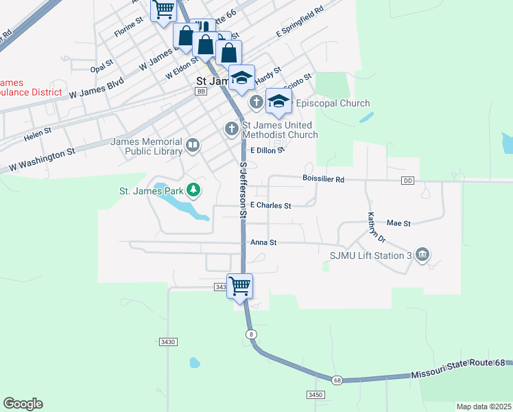 map of restaurants, bars, coffee shops, grocery stores, and more near 602 South Jefferson Street in Saint James
