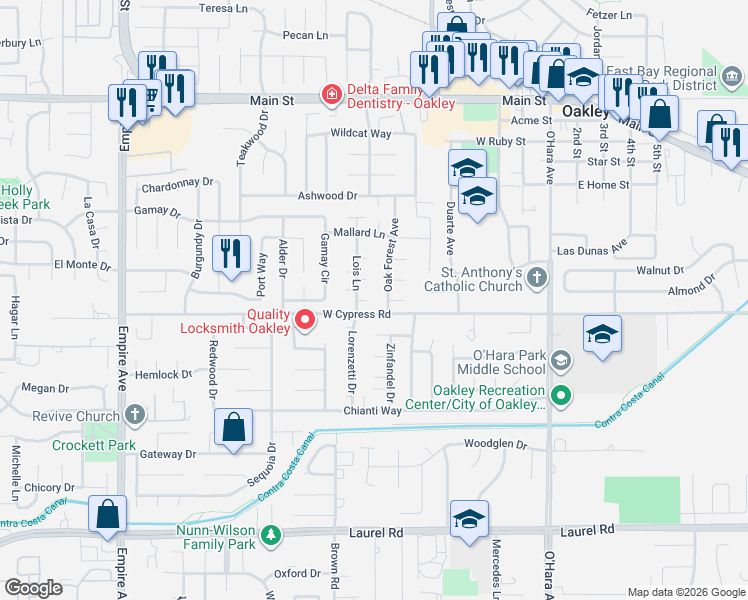 map of restaurants, bars, coffee shops, grocery stores, and more near 400 Devon Court in Oakley