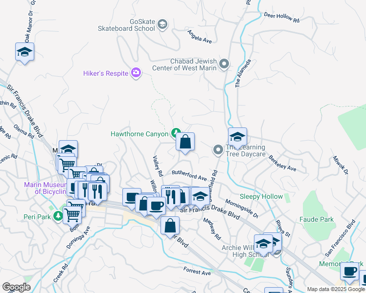map of restaurants, bars, coffee shops, grocery stores, and more near 2 Hillcrest Court in San Anselmo