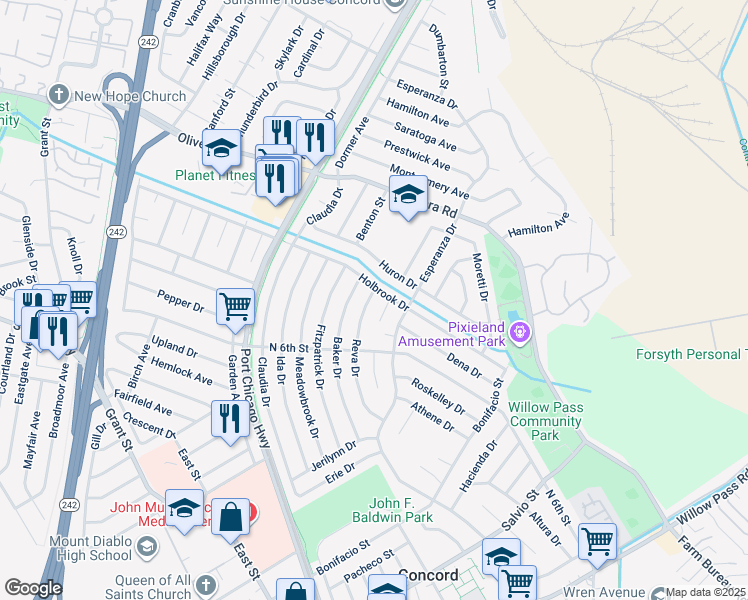 map of restaurants, bars, coffee shops, grocery stores, and more near 3248 Reva Drive in Concord