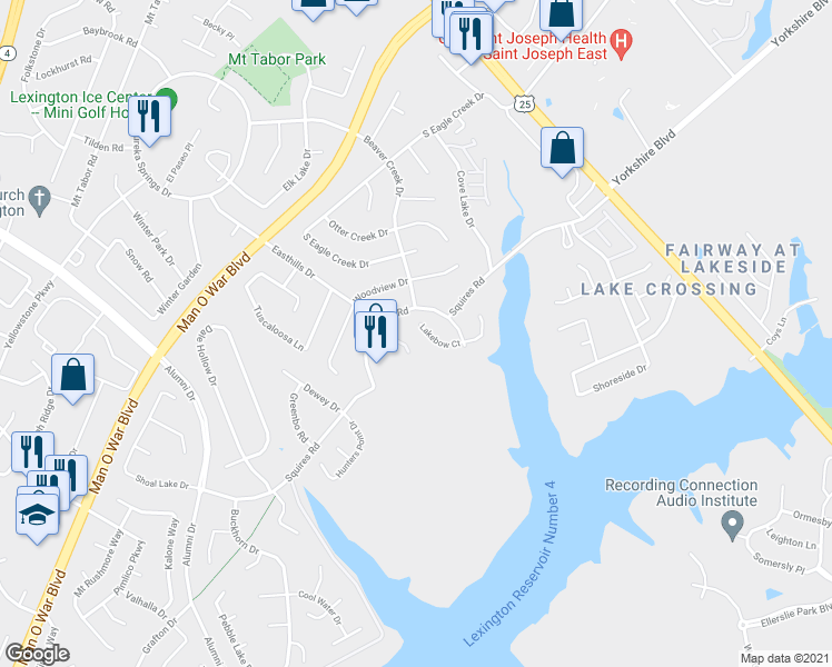 map of restaurants, bars, coffee shops, grocery stores, and more near 428 Lakebow Court in Lexington