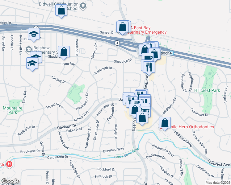 map of restaurants, bars, coffee shops, grocery stores, and more near 1308 Provence Court in Antioch