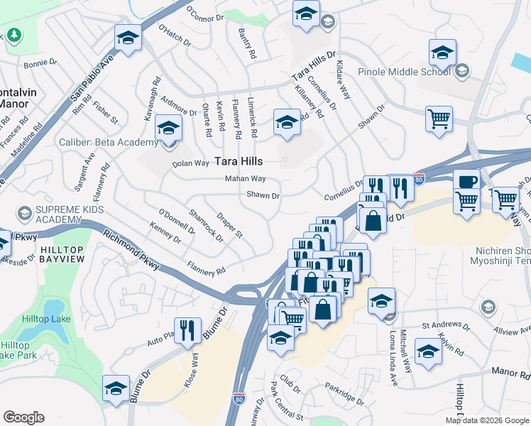 map of restaurants, bars, coffee shops, grocery stores, and more near 2848 Flannery Road in San Pablo
