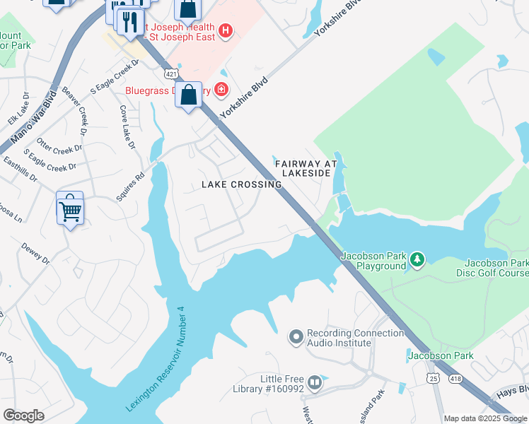 map of restaurants, bars, coffee shops, grocery stores, and more near 150 Shoreside Drive in Lexington