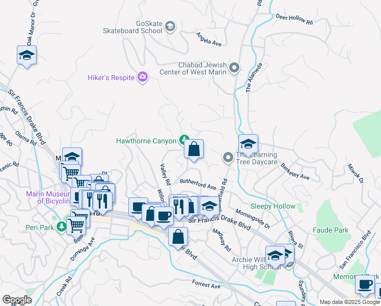 map of restaurants, bars, coffee shops, grocery stores, and more near 2 Hillcrest Court in San Anselmo