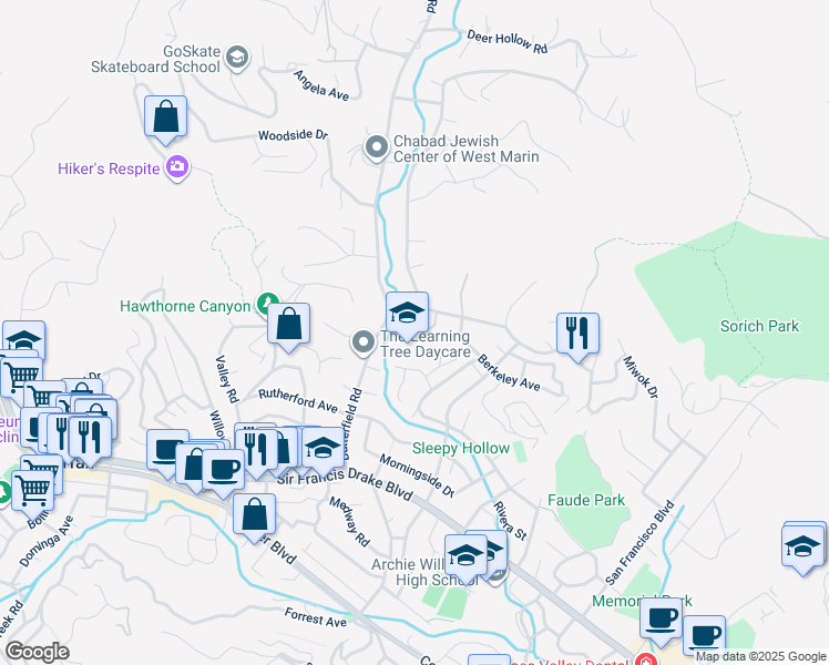 map of restaurants, bars, coffee shops, grocery stores, and more near 116 Butterfield Road in San Anselmo