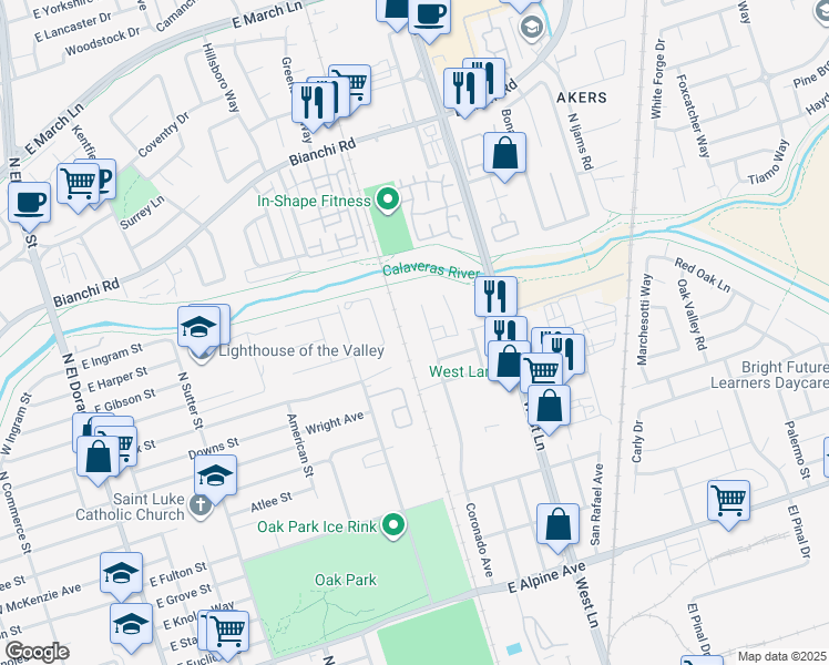 map of restaurants, bars, coffee shops, grocery stores, and more near 4201 Coronado Avenue in Stockton