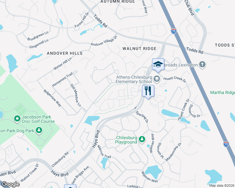 map of restaurants, bars, coffee shops, grocery stores, and more near 3801 Castlebridge Lane in Lexington