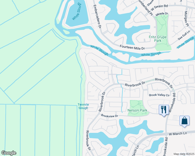 map of restaurants, bars, coffee shops, grocery stores, and more near 6041 Tugboat Lane in Stockton