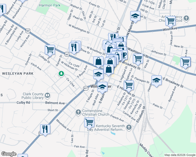 map of restaurants, bars, coffee shops, grocery stores, and more near 213 South Maple Street in Winchester