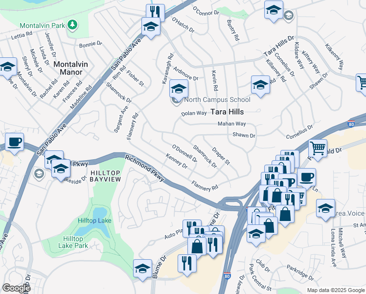map of restaurants, bars, coffee shops, grocery stores, and more near 2645 Odonnell Drive in San Pablo