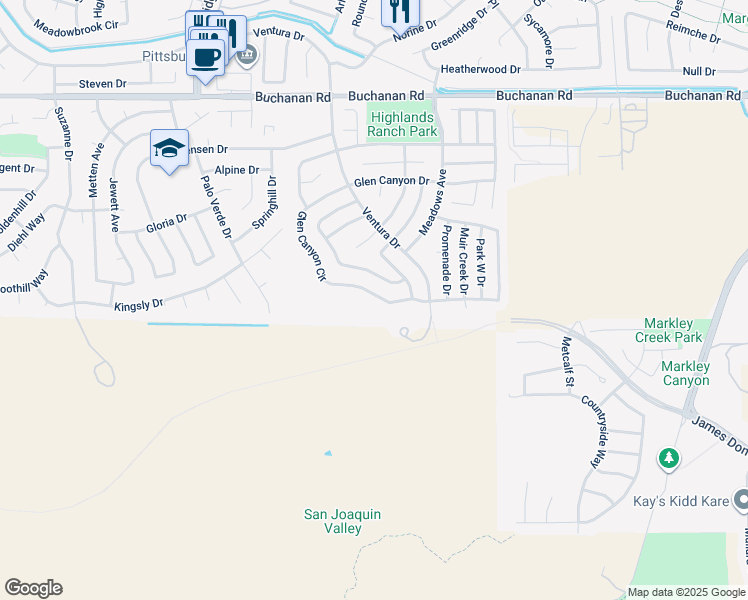 map of restaurants, bars, coffee shops, grocery stores, and more near 4423 Glen Canyon Circle in Pittsburg