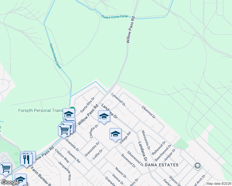 map of restaurants, bars, coffee shops, grocery stores, and more near 1893 Lynwood Drive in Concord
