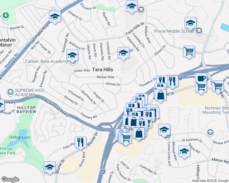 map of restaurants, bars, coffee shops, grocery stores, and more near 2848 Flannery Road in San Pablo