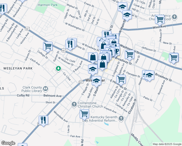 map of restaurants, bars, coffee shops, grocery stores, and more near in Winchester