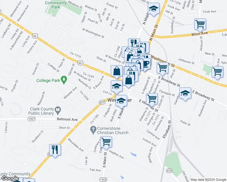 map of restaurants, bars, coffee shops, grocery stores, and more near in Winchester