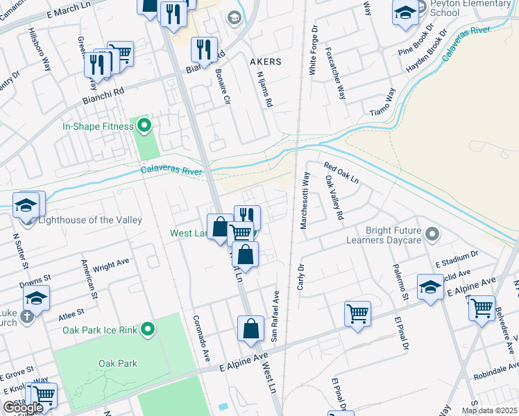 map of restaurants, bars, coffee shops, grocery stores, and more near 4040 West Ln E Fire Road in Stockton