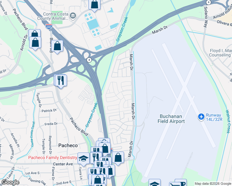 map of restaurants, bars, coffee shops, grocery stores, and more near 241 Carob Way in Pacheco