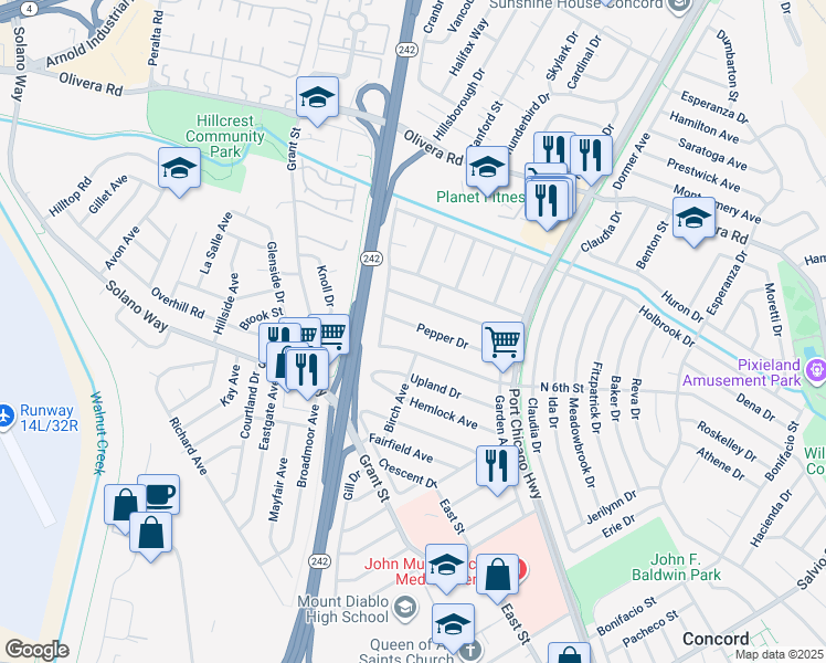 map of restaurants, bars, coffee shops, grocery stores, and more near 2278 Pepper Drive in Concord