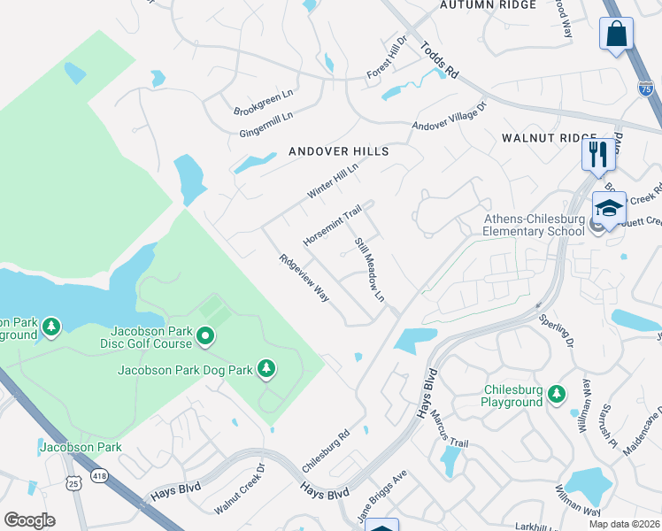 map of restaurants, bars, coffee shops, grocery stores, and more near 3677 Horsemint Trail in Lexington