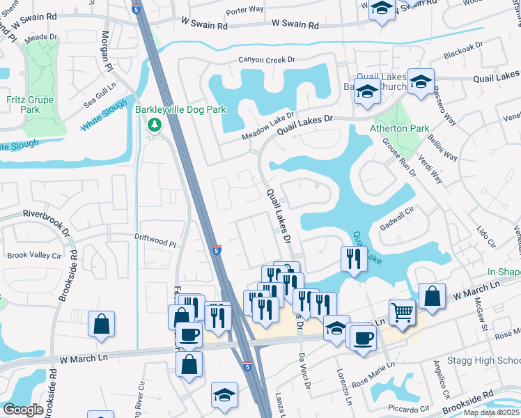 map of restaurants, bars, coffee shops, grocery stores, and more near 3875 Round Valley Circle in Stockton