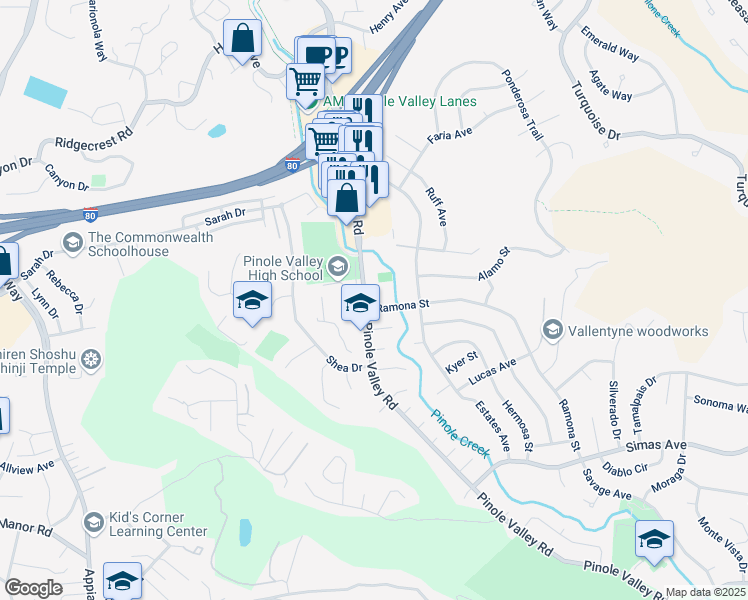 map of restaurants, bars, coffee shops, grocery stores, and more near 2320 Ramona Street in Pinole